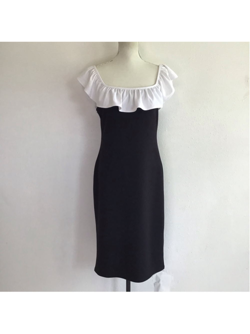 H&M Women Elegant Black & White Ruffle Off-Shoulder Midi Dress S